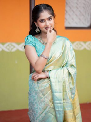 Semi georgette saree violet with allover prints and long zari woven border